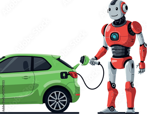 Robot charging electric green car with cable futuristic technology concept vector 