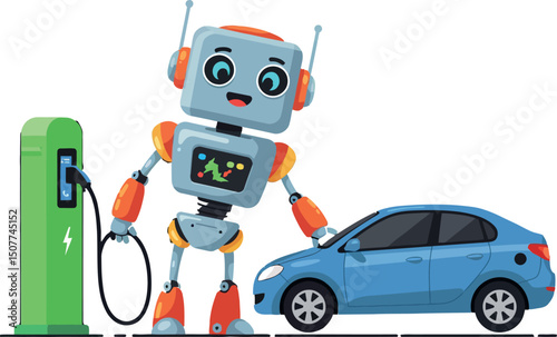 Friendly robot charging electric car at green charging station vector illustration 