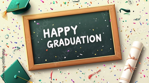 Happy graduation announcement with graduation cap, confetti and diploma.