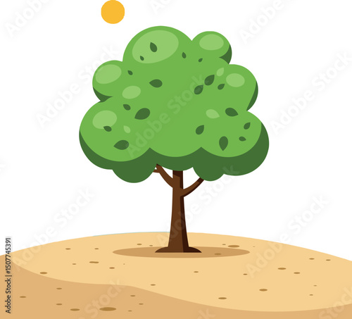 Tree on dry soil under bright sun vector illustration with green leaves and brown trunk 