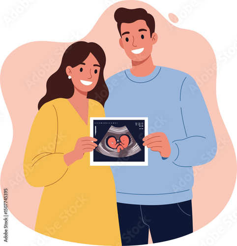 Expectant Couple Holding Ultrasound Image of Baby Happy Pregnancy Announcement Vector 