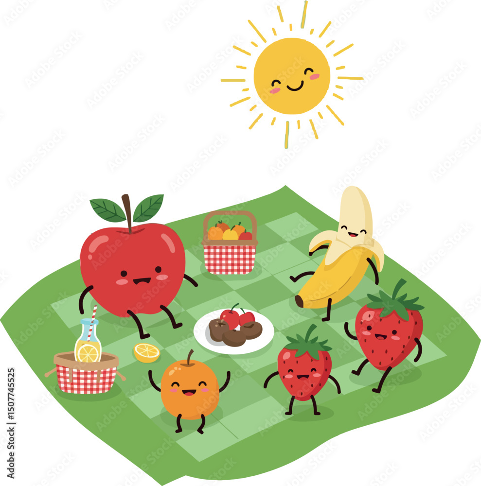 Fototapeta premium Picnic scene with happy anthropomorphic fruits on green blanket under smiling sun vector illustration