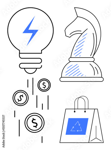 Light bulb with lightning, chess knight, falling coins, and shopping bag with recycle icon. Ideal for innovation, finance, strategy, sustainability, business planning eco-concepts minimal design in