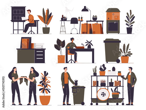 Office Organization and Plants: A vibrant collection of illustrations showcasing office organization, featuring people tidying up, plants adding life to the workspace.