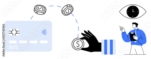 Coins flying toward a digital credit card, a hand tossing money, businessman holding clipboard and clock-eye symbol. Ideal for finance, technology, digital banking, transactions, business advice