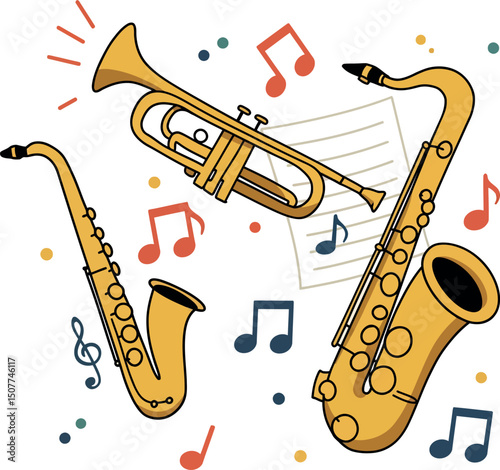 Brass musical instruments trumpet and saxophone with colorful music notes vector illustration 