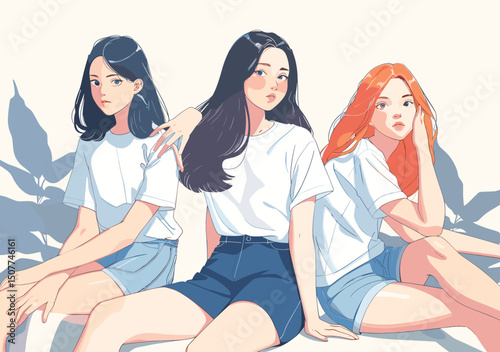 Young Women Trio: A beautifully rendered illustration capturing the essence of sisterhood or close friendship. Three stylish young women in casual attire, evoking a sense of warmth and connection.