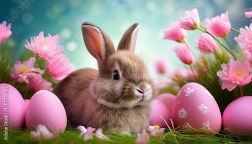 easter background cute bunny with pink easter eggs and spring flowers