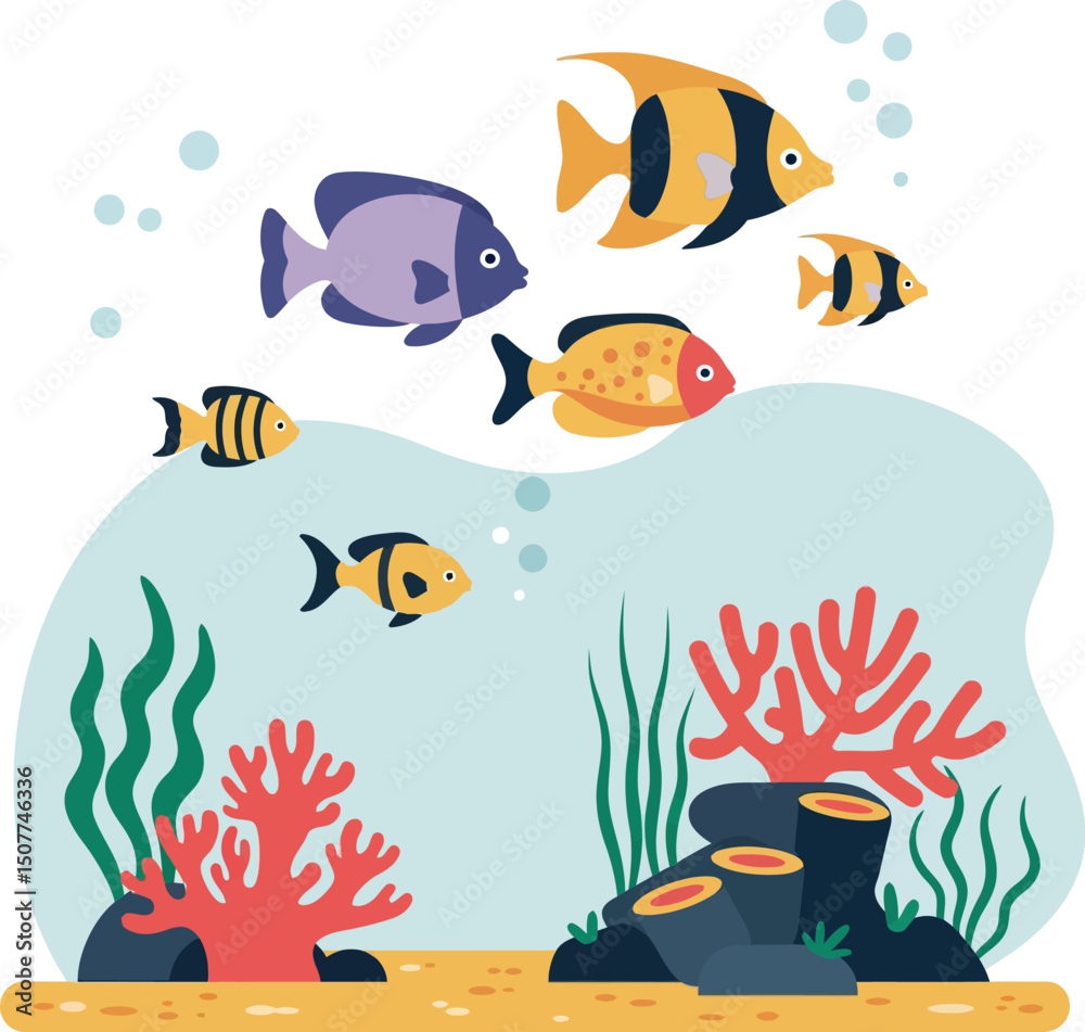 Naklejka premium Colorful tropical fish swimming above coral reef underwater vector illustration 