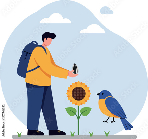 Man Taking Photo of Sunflower with Bird Nearby in Outdoor Nature Scene Vector Illustration 