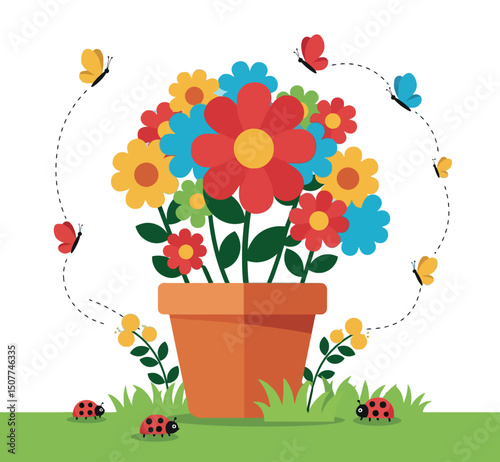 Colorful flower pot with butterflies and ladybugs vibrant garden vector illustration 