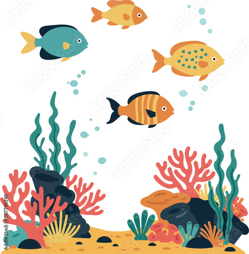 Colorful tropical fish swimming above coral reef underwater scene vector illustration 