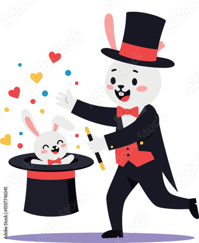 Rabbit magician performing magic trick with bunny in top hat and colorful hearts