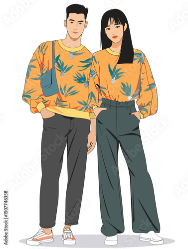 Fashionable Couple in Trendy Attire: A stylish couple, stands confidently, showcasing contemporary apparel with floral patterns. Their poses exude a blend of modern fashion sense.