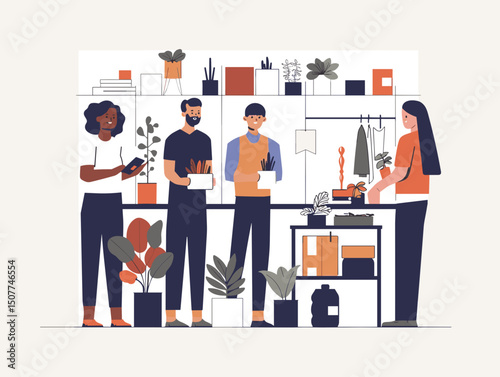Botanical Team in Action: A diverse team is immersed in a lively discussion, surrounded by lush indoor plants and the tools of their trade, embodying collaborative spirit, creativity, and innovation.