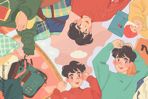 Joyful Gathering of Friends: A heartwarming illustration of close friends coming together to unwind, surrounded by the soft embrace of fashion, and shared moments of laughter.