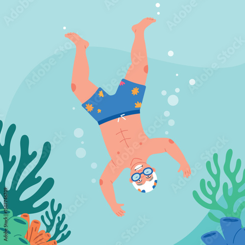 Man swimming underwater wearing goggles and blue swim shorts with yellow stars vector illustration 