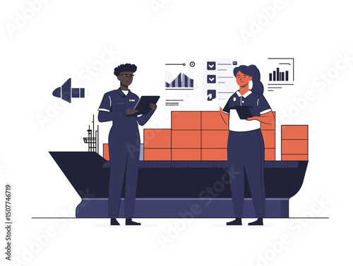 Shipping Professionals Inspecting Cargo: In an illustration, two logistics experts, with determined expressions, analyze data and oversee shipping containers aboard a cargo vessel.