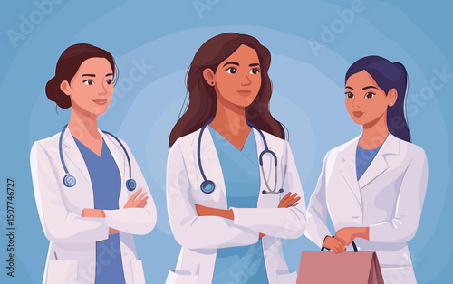 Healthcare Professionals: Three female doctors, radiating strength and compassion, stand united in a professional pose, ready to deliver care with unwavering dedication.