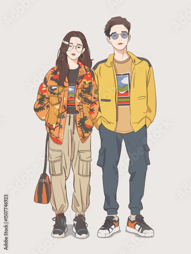 Style Duo: A stylish couple dressed in modern, trendsetting outfits, their pose and attire reflecting contemporary fashion.