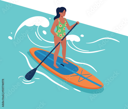 Woman paddleboarding on calm blue water with orange board and floral swimsuit vector illustration 