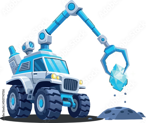 Mining Excavator Vehicle with Robotic Arm Holding Blue Crystal Vector Illustration 