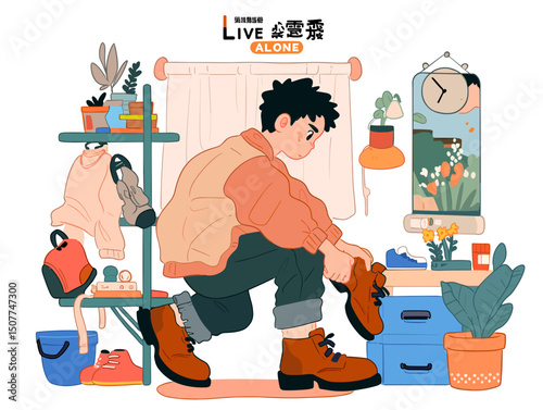 Solitary Moments: Illustration captures a solitary figure going through routine tasks, embodying the peace and quiet of life in solitude. 