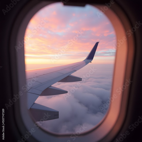 Majestic view through window of wing of plane in colorful cloudscape while jet flying high against sky in sunset.