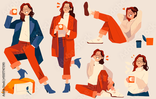 Stylized Self-Portraits: A collection of illustrations features a person styled in various trendy outfits, striking poses, with coffee cup, showcasing modern fashion trends.