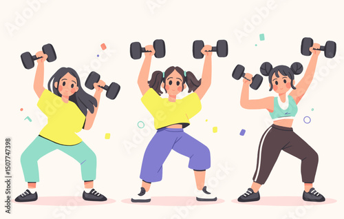 Fitness Fusion: Dynamic trio demonstrating strength training with dumbbells, illustrating the energy and vitality of fitness and exercise. 
