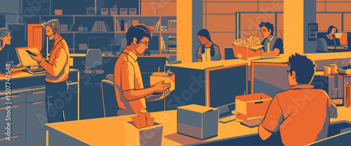 Efficient Operation: A modern office environment pulses with activity. People work on a series of tasks related to work, boxes, and products, exemplifying the dynamic nature of modern commerce.