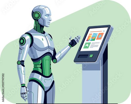 Humanoid Robot Interacting with Digital Kiosk in Modern Technology Environment Vector Illustration 