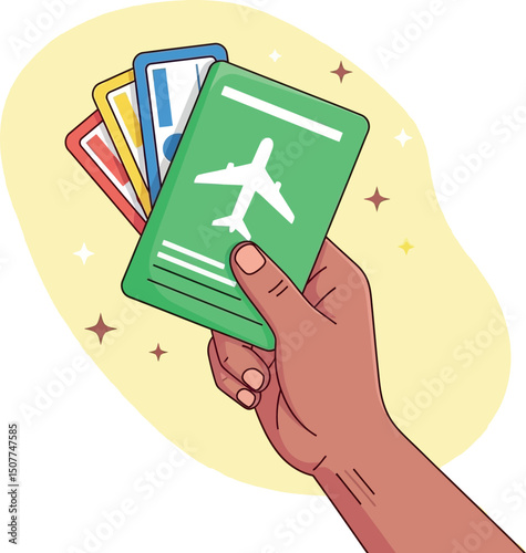 Hand Holding Colorful Flight Boarding Passes Illustration for Travel and Vacation Planning 