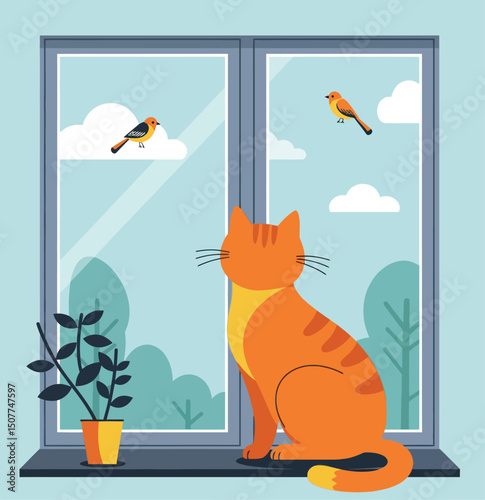 Orange Cat Watching Birds Through Window with Plant in Pot Vector Illustration 