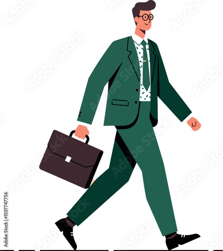 Businessman walking in green suit holding briefcase vector illustration 