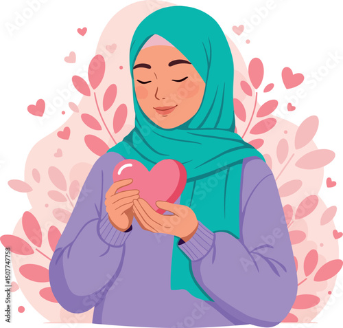 Woman in teal hijab holding pink heart with floral background love and care concept 