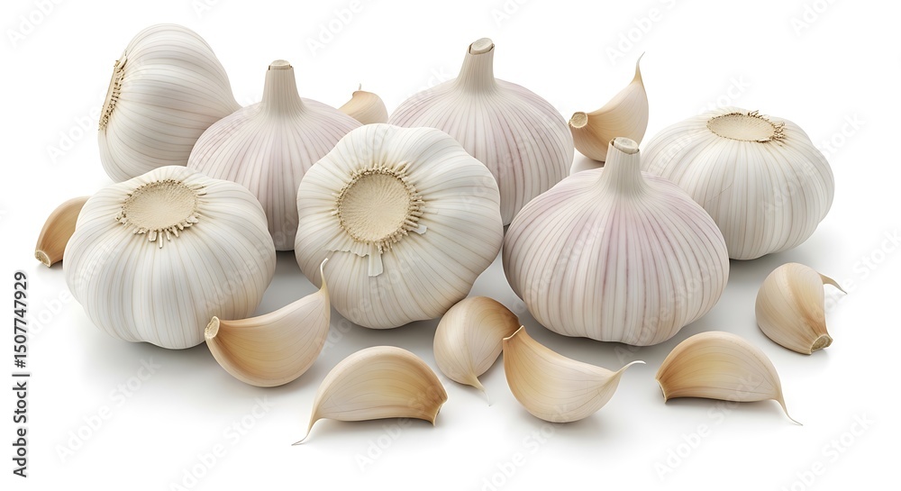 Fototapeta premium Fresh Garlic Bulbs and Cloves Isolated on White Background Aromatic Ingredient Culinary Herb Natural Remedy Flavor Enhancement Healthy Eating Immunity Booster Cooking Essential Food Photography