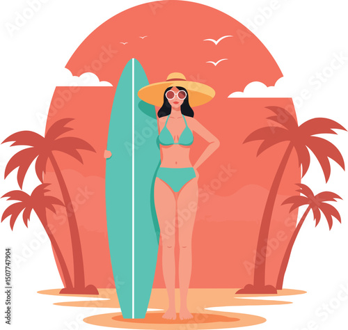 Woman in bikini with surfboard on beach with palm trees and sunset background vector illustration 