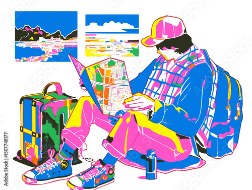 Vibrant Traveler Studying Detailed Map with Backpack