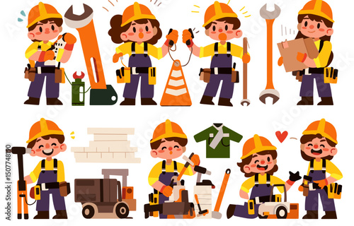 Skilled Female Construction Worker with Tools and Gear Set