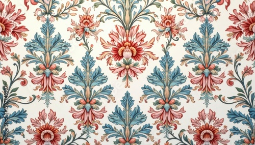 Intricate floral damask pattern in pastel hues, texture, vintage