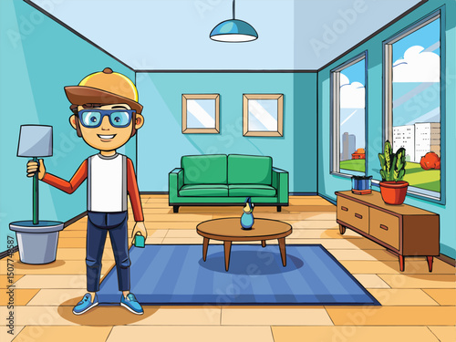 Happy Boy Cleaning Modern Living Room