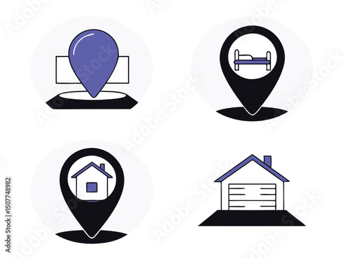 Location Icons Map Pins House Hotel GPS