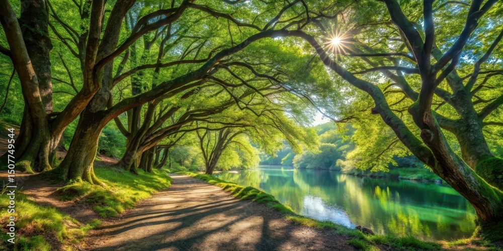 Naklejka premium Serene Pathway Through Lush Green Canopy Arching Over Calm River Under Bright Sunlight