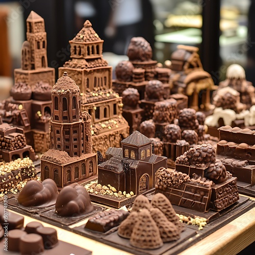 Detailed chocolate creations resembling a miniature city. photo