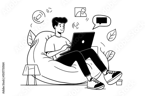 Relaxed Work From Home: A young man comfortably sits in a beanbag chair, working on his laptop. He's surrounded by digital elements representing communication and nature.