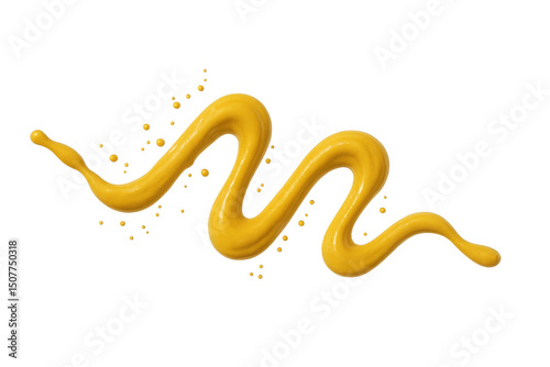 Yellow mustard is splashing, creating a wavy line with droplets, isolated on a transparent background