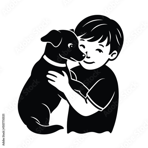 Child hugging pet dog vector silhouette