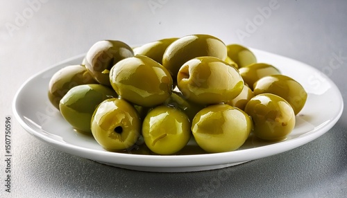 pitted green olives on white plate