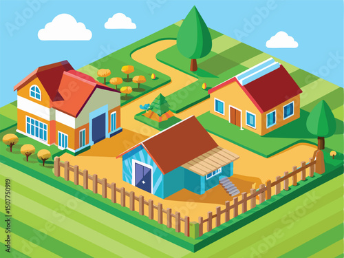 Isometric Suburban Houses Green Landscape